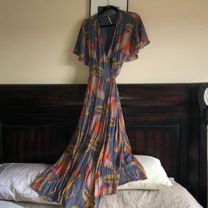 Free People flowy wrap dress with flowers - size small - blue gray, green,red